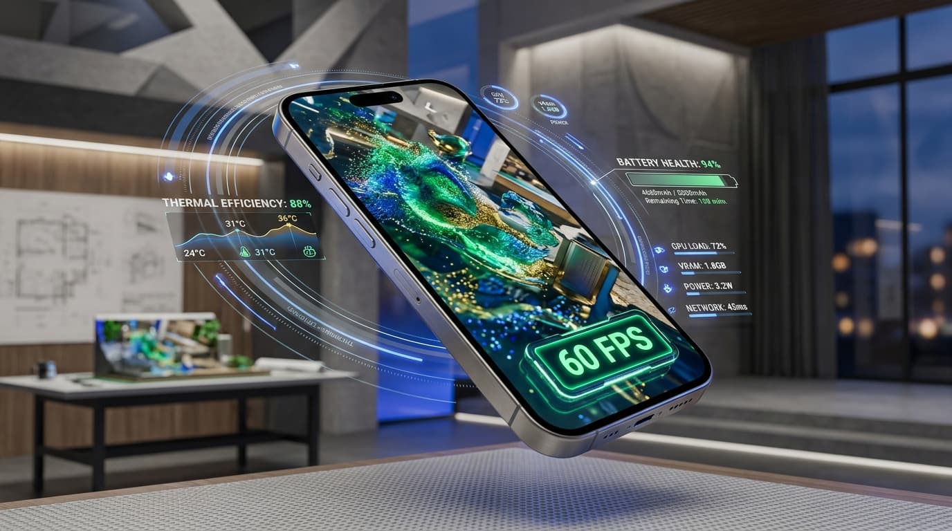 Titanium mobile phone displaying 60 FPS WebGL world render
